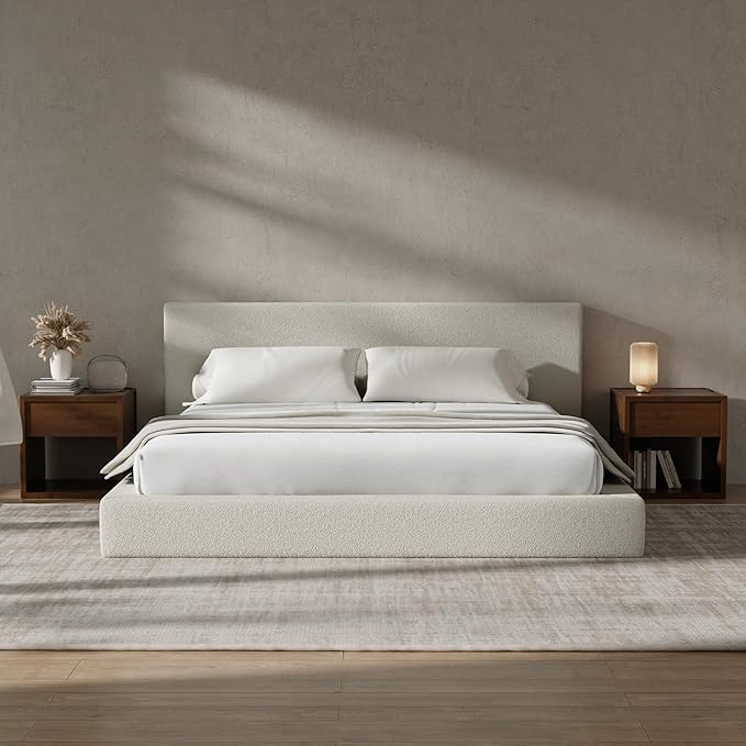 RECCI AirFrame King Size Bed Frame with Headboard Cloud Upholstered Platform Bed Frame 5 Inch Foam Cushioned No Box Spring Easy Assembly(Cream Boucle)
