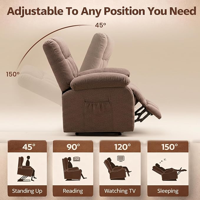 HealSmart Power Lift Recliner Chair with Massage &amp Heat Overstuffed Fabric Reclining Chair with Remote Side Pockets for Living Room &amp Bedroom Brown