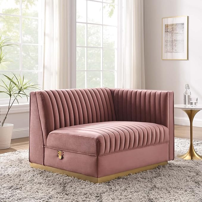 Modway Sanguine Channel Tufted Upholstered Performance Velvet Modular Sectional Sofa Right-Arm Chair in Dusty Rose
