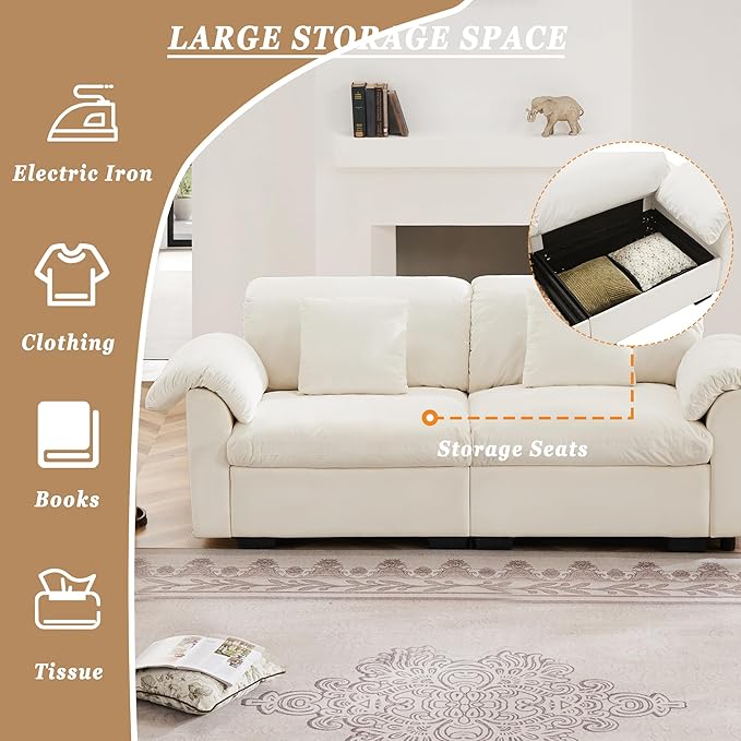 84 Small Loveseat Sofa Couch Upholstered 2-Seat Sofa with 2 Pillows Cloud Sofas with Storage Seat Velvet Comfortable Deep Couch for Living Room Small Space Apartment Removable Cover White