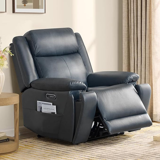 CHITA Power Genuine Leather Recliner Chair for Adults Dual Motor Zero Wall Hugger Recliner with Adjustable Headrest for Modern Living Room USB &amp Type-C Charging Ports Navy