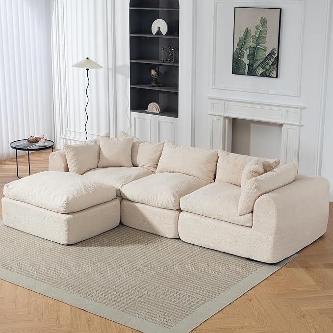 113'' Cloud Boneless Sofa Couches for Living Room with Deep Seat Modular Sectional Sofa with Ottoman for Living Room Bedroom No Assembly Beige