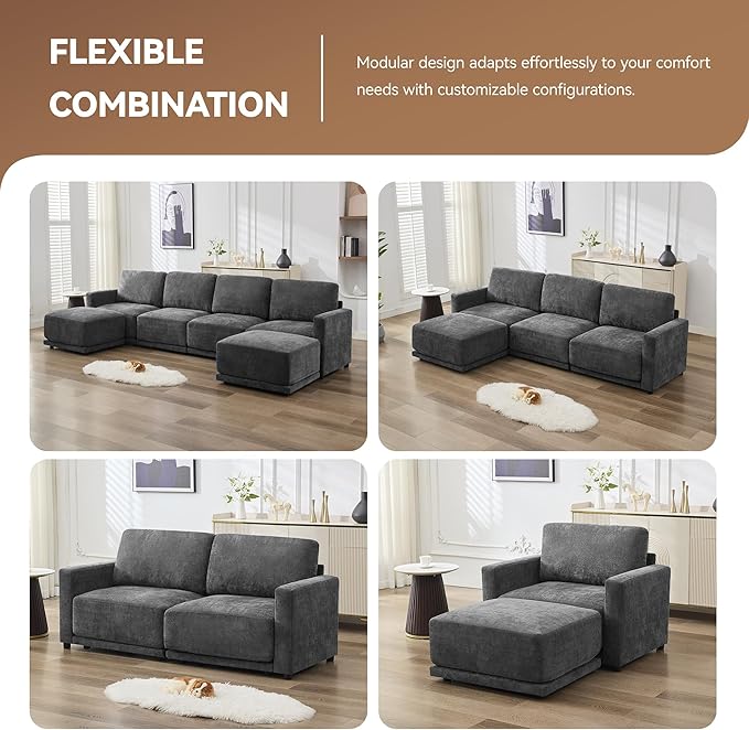 143.8 Modular Sectional Sofa Modern Chenille U Shaped Couch with Thickened Seat Cushions Easy Assembly Upholstered 6 Seater Couch with 2 Movable Ottomans for Living Room Grey