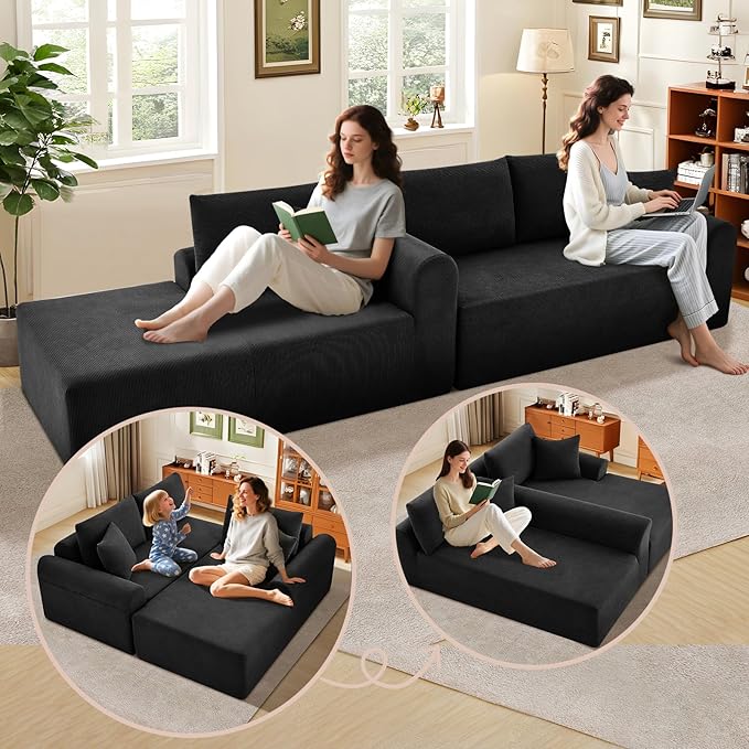 Modular Sectional Couch in a Box 103 L Shaped Boneless Cloud Couch with Deep Seat Convertible Sofa Bed for Living Room Bedroom Apartments No Assembly Required Black Left Facing Chaise
