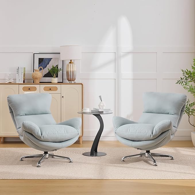 360° Swivel Oversized Accent Chairs Set of 2 Fabric Upholstered High Back &amp Thick Cushion Ergonomic Comfy Reading Lounge Sleeper Chair with Sturdy Metal Base for Living Room Bedroom Blue
