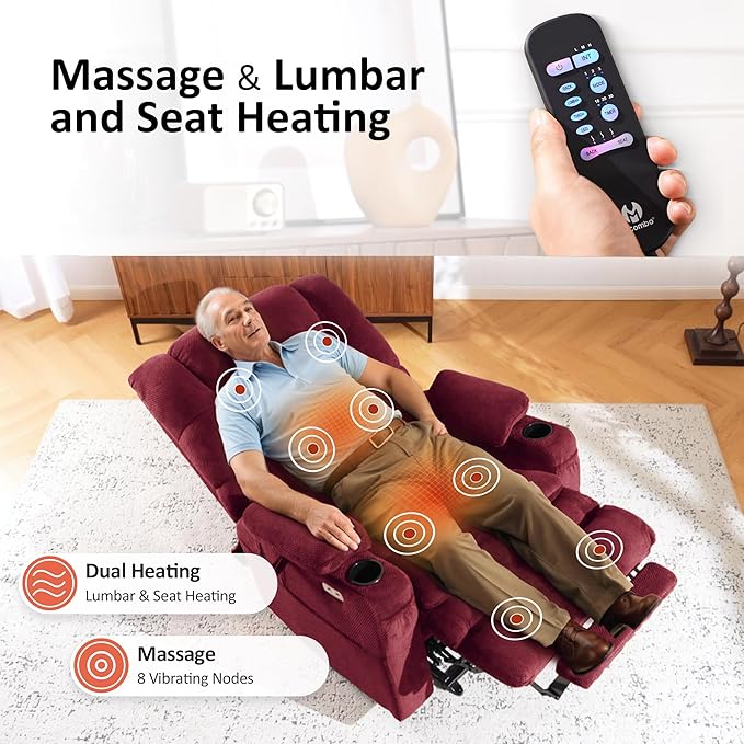 MCombo Triple Motor Power Lift Recliner Chair with Massage and Dual Heating Adjustable Headrest for Elderly People Fabric 7632 (Burgundy Medium)