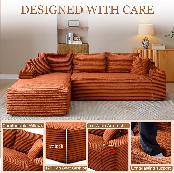 108 Cloud Modular Sectional Couch with Moveable Ottoman Modern Minimalist Upholstered Boneless Couch Deep Seat Corduroy Corner Couches (Orange 108 Left Facing Chaise)