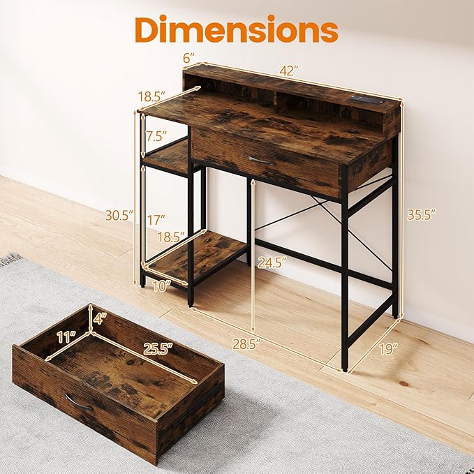 Giantex Computer Desk with Drawer 42 Small Computer Workstation w/Charging Station &amp Monitor Stand PC Laptop Desk with Storage Shelves Writing Desk for Small Space Home Office Rustic Brown