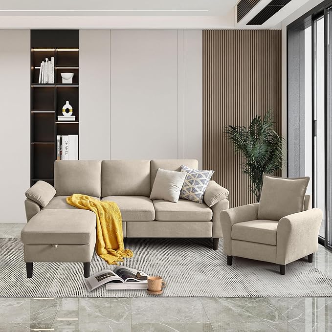 Convertible Sectional Sofa Set 79 Modern L Shaped Couch Linen Upholstered 3 Seat Sofa and 35 Accent Chair Couches for Living Room Apartment Beige