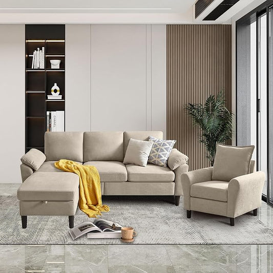 Convertible Sectional Sofa Set 79 Modern L Shaped Couch Linen Upholstered 3 Seat Sofa and 35 Accent Chair Couches for Living Room Apartment Beige