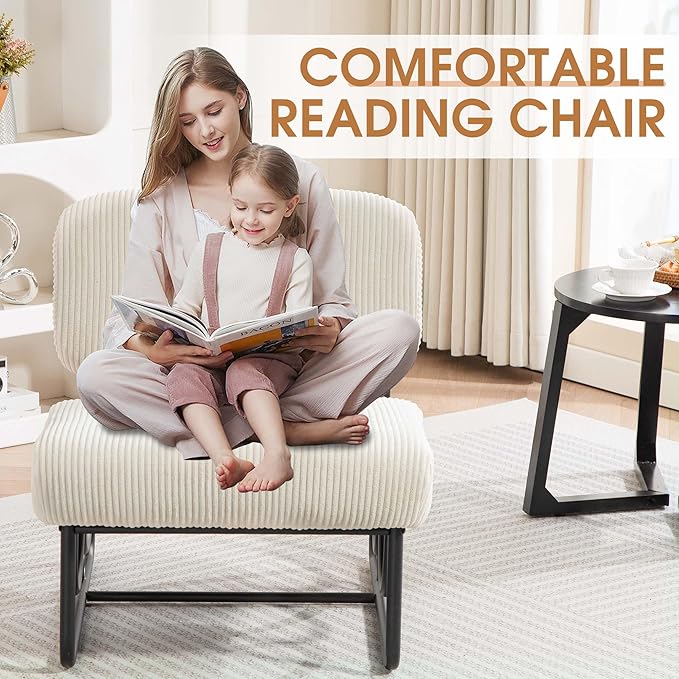 HOMEFUN Armless Accent Chair with Padded Back Modern Comfy Reading Chair for Bedroom Living Room Office Beige