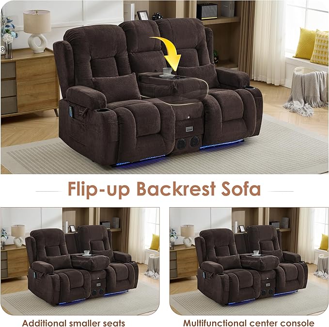 TUNYI Wall Hugger Loveseat Recliner Sofa with Console Power Reclining Loveseat RV Couch with Massage &amp Heat/USB/Outlet/Storage/LED Light/Speaker (Brown)