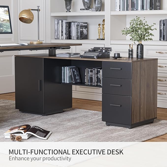 FEZIBO L Shaped Standing Desk 63 inch Executive Standing Desk Adjustable Height Desk with Storage Drawers for Home Office Deep Wood Grainy