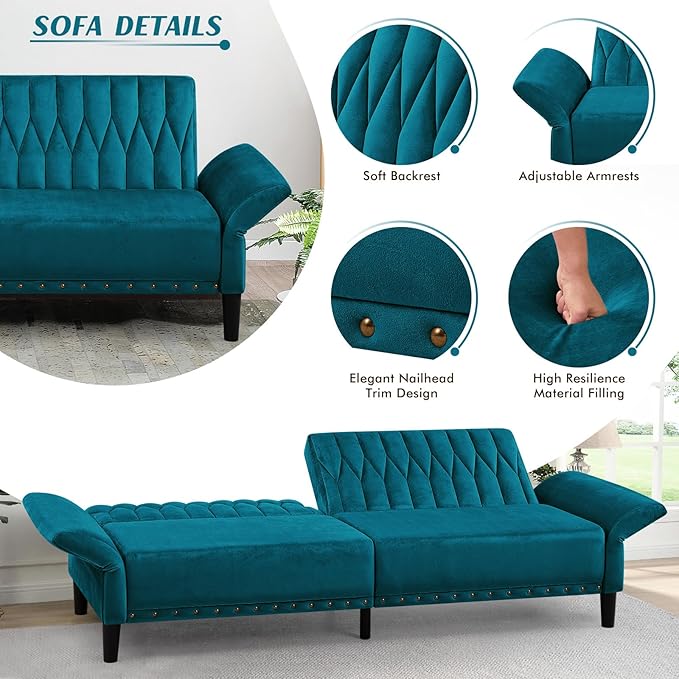 77 Inches Velvet Tufted Sofa Bed w/Adjustable Backrests &amp Armrests Convertible Sleeper Sofa w/Nailhead Trim Modern Loveseat Couch with Sturdy Legs for Living RoomOfficeTeal