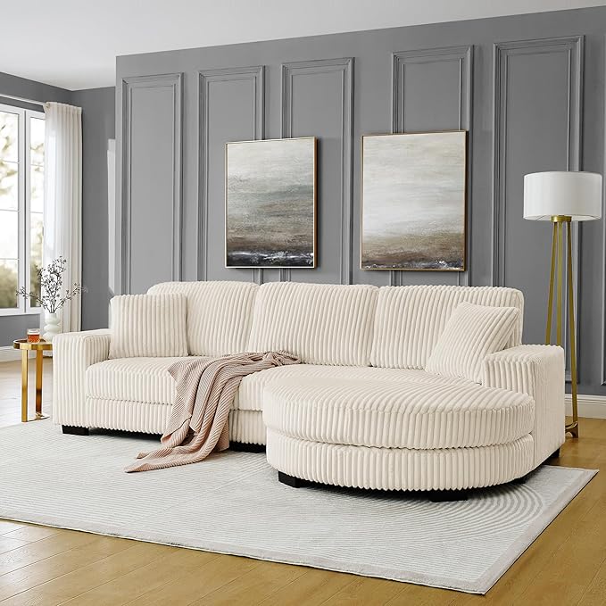 Corduroy Tufted Upholstered Sleeper Sectional Sofa L-Shaped Modular Convertible Sofa The arc-Shaped Footstool can be Placed Freely on The Left and Right (Beige + Foam + 3 Seat)