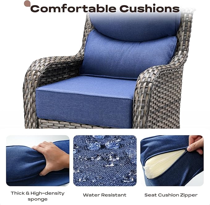 Rilyson Wicker Outdoor Patio Furniture Set - 5 Piece Patio Conversation Sets with Swivel Rocker Chairs Ottomans and Side Table 6 inch Cushions Waterproof Wicker for Porch Deck Mixed Grey/Blue