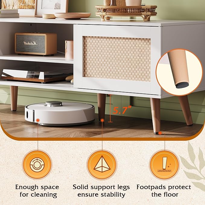 WLIVE TV Stand for 65 Inch TV 58 Boho Entertainment Center TV Stand for Living Room TV Console with 2 Storage Cabinets White