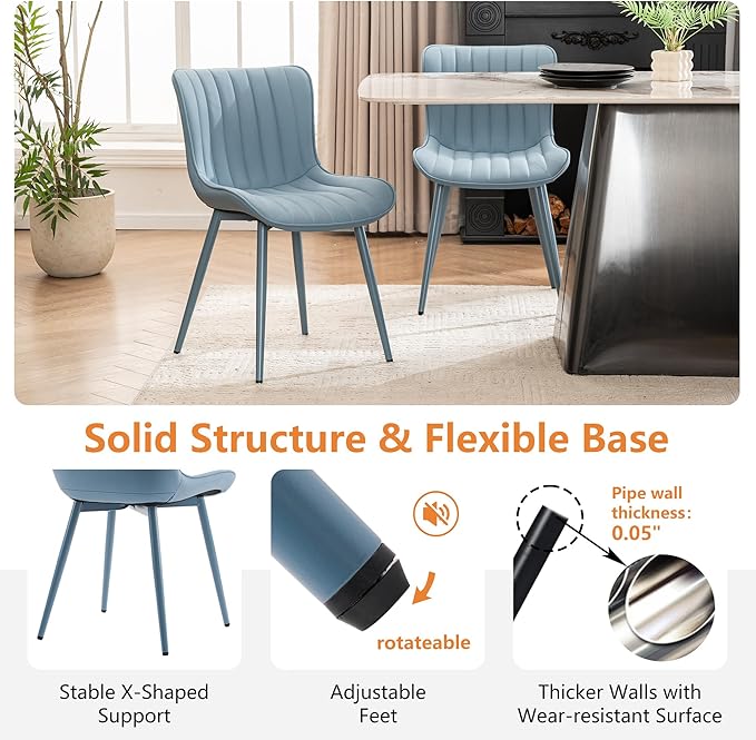 YOUNUOKE Mid-Century Modern Dining Chairs Set of 2 Blue PU Leather Upholstered Kitchen Chairs with Blue Metal Legs Armless Accent Chair for Dining Room Guest Reception Room