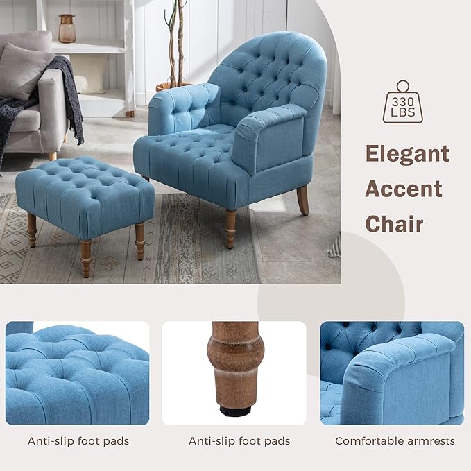 Accent ChairButton-Tufted Upholstered Chair SetMid Century Modern Chair with Linen Fabric and Ottoman for Living Room Bedroom Office LoungeBlue
