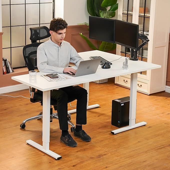 SANODESK Electric Corner L-Shaped 71 x 63 in Standing Desk Memory Height Adjustment White Top White Frame