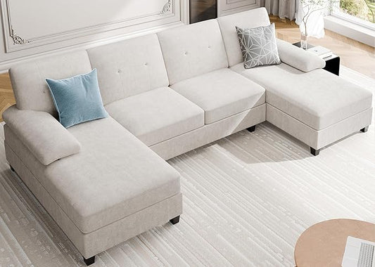 Meilocar 106 U Shaped Sectional Sofa for Living Room 4-Seat Fabric Couch with Double Chaise Longue Comfortable Large Sectional with 300lbs Capacity per Seat for Apartment &amp Home Pure White