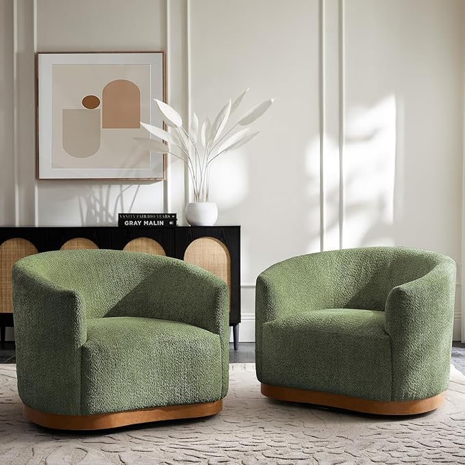 HULALA HOME Chenille Swivel Accent Chairs Set of 2 Fully Assembled Comfy Upholstery Barrel Armchair with Sturdy Solid Wood Base Forest