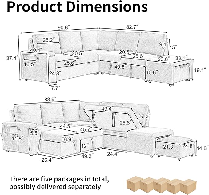 Convertible Sleeper Sectional Sofa with Pull-Out Bed and Storage Space &amp Ottoman Armrest w/USB Ports &amp Cup Holders Corner 6 Person L-Shape Modular Couch for Living Room Apartment (Beige)