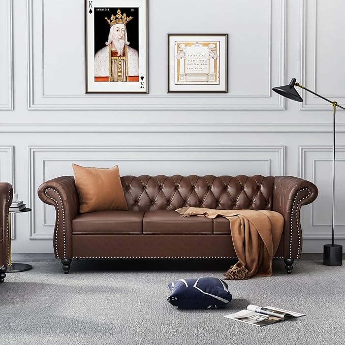 ONCIN Chesterfield Sofa Leather for Living Room 3 Seater Sofa Tufted Couch Faux Leather with Rolled Arms and Nailhead for Living Room Bedroom Office Apartment (Dark Brown)