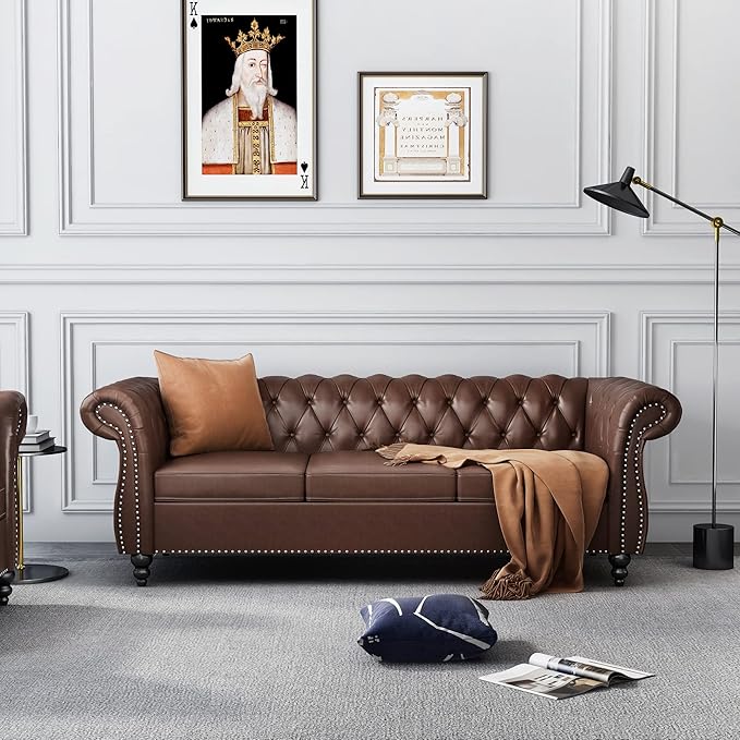 Modern 3 Seater Couch Large Sofa Furniture Roll Arm Classic Tufted Chesterfield Settee Leather Sofa with Channel Tufted Seat Back for Living Room Dark Brown PU