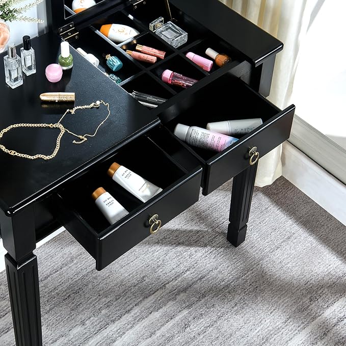 LEEMTORIG 31.5 Solid Wood Small Vanity Desk with Flip-top Mirror Compact Wooden Writing Desk with Drawers 3 in 1 Secretary Desk/Dressing Table/Nightstand for Small Space Black SZT-D0036-BK