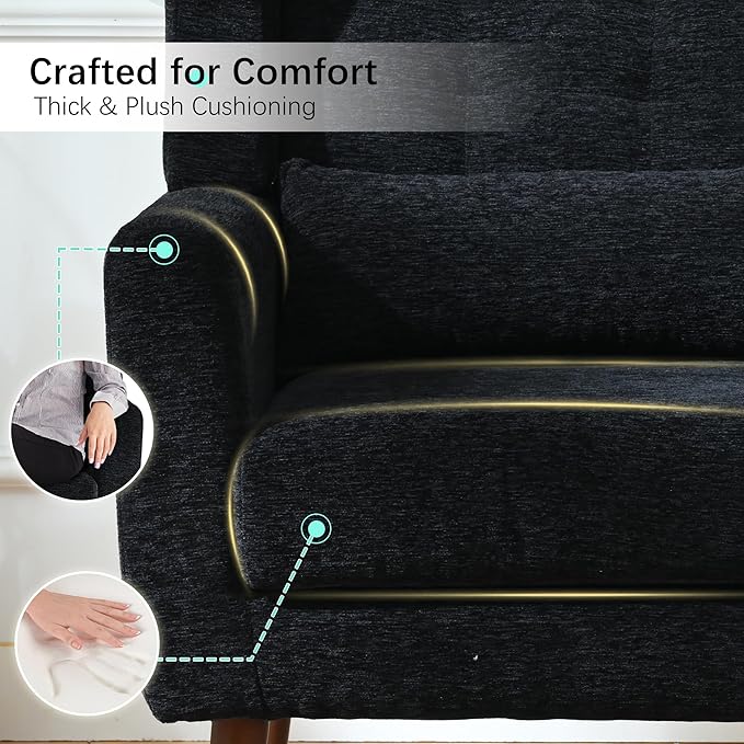 Modern Accent Chair Chenille Fabric Upholstered Tufted Side Chair Wingback ChairMid Century Reading Armchair with Waist Pillow Backrest for Living Room Bedroom (Black)