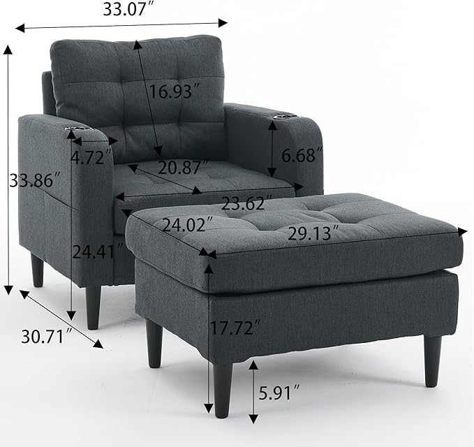 Accent Chair with Ottoman Set Upholstered Armchair with Storage Ottoman Cup Holders &amp Side Pocket Single Sofa Chair with Tufted Detailing for Living Room or Bedroom (Dark Grey)