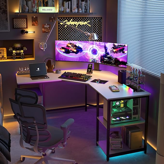 Elephance L-Shaped Desk with Shelves Computer Corner Desk Home Office Writing Workstation Gaming Desk PC Laptop Table with Storage