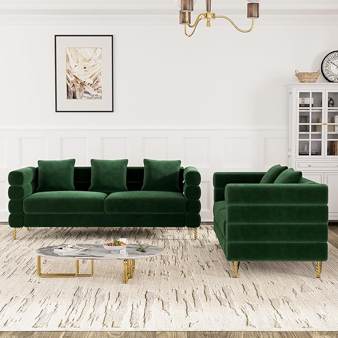 OUYESSIR Living Room Sofa Couch and Loveseat Set Modern Comfy Velvet Deep Seat Cloud Couch with 5 Pillows Oversized Sofa Furniture Sets for Living Room Bedroom Emerald Green Velvet
