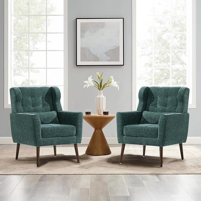 Modern Accent Chair Chenille Fabric Upholstered Tufted Side Chair Wingback ChairMid Century Reading Armchair with Waist Pillow Backrest for Living Room Bedroom (Blackish Green)