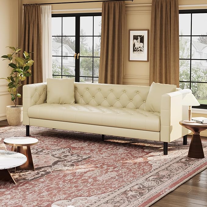 GarveeHome 81 in Leather Couch for Living Room Modern Sofa Couch with Deep Seat and 2 Pillows Handmade Button Tufted 3 Seater Sofa Leather Sofa for Apartment Office Beige