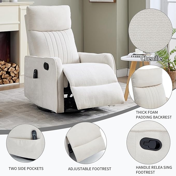 Beige 360° Swivel Rocker Recliner Chair Massage Reclining Chair with 8-Point Vibration &amp Lumbar Heat for Adults Elderly 155° Recline Easy Assembly for Living Room