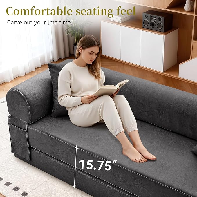4-in-1 Folding Convertible Sofa Bed 78 Inch Faux Leather Boneless Couch Loveseat Sleeper with Pull Out Bed Floor Sofa Modular Futon Teddy Sofa for Living Room Bedroom Lounge Gray