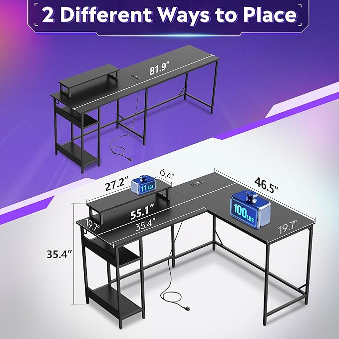 DEVAISE 55 Inch L Shaped Gaming Desk with LED Lights &amp Power Outlets Corner Desk for Small Spaces Sturdy PC Computer Table with Storage for Home Office Black