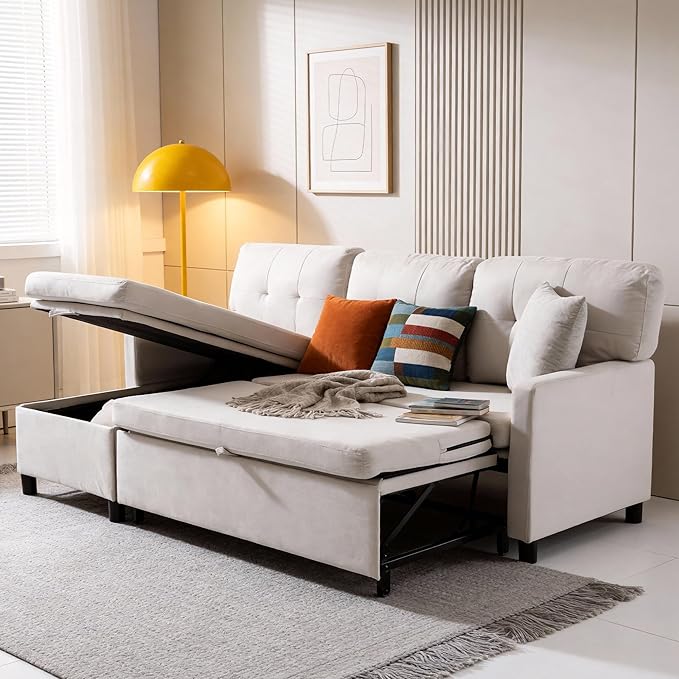 Sleeper Sofa Couch Oversized Pull Out Couch Bed with Storage Chaise Sectional Sleeper Sofa Bed for Living Room (Beige Single)