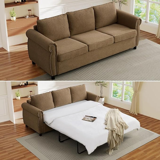 Queen Pull Out Sofa Bed 2-In-1 Pull Out Couch Bed with Memory Foam Mattress &amp Riveted Rolled Armrests 3 Seater Convertible Sleeper Sofa Foldable Couch for Living Room Bedroom Apartment(Brown)