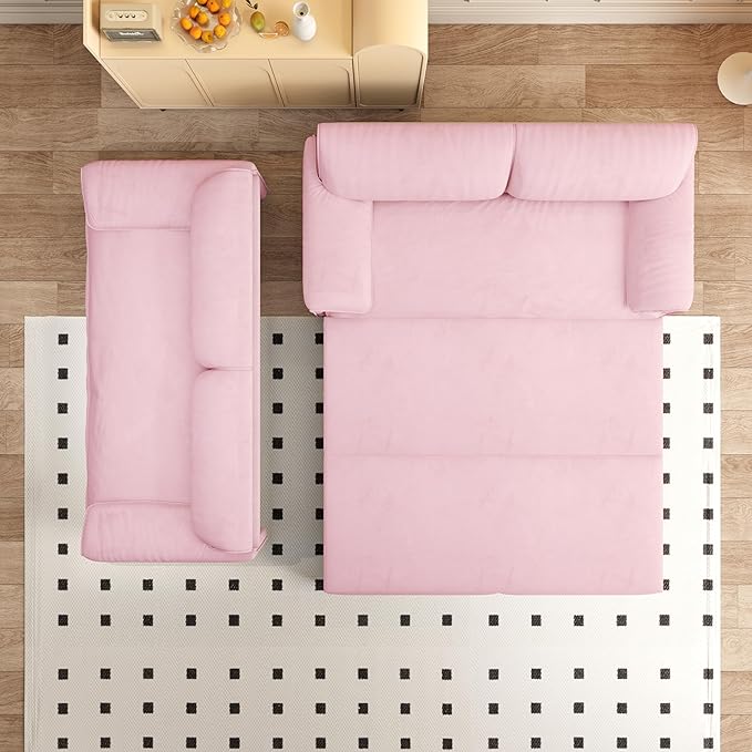 70.1 Queen Pull Out Sofa Bed 3-in-1 Convertible Sleeper Sofa with 2 Soft PillowsMulti-Functional Velvet Loveseat Bed (Pink 66)