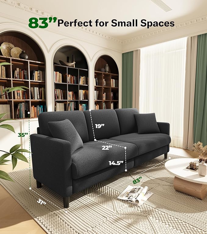 Teddy Sofa Couch 83 Comfy Couches for Living Room Classic Grey | 22 Extra Deep Seat Tool-Free Sofas All-Wood Loveseat 2 Pillows Included 850lbs Load-bearing