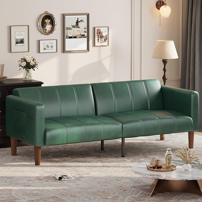 GarveeHome Futon Sofa Bed 75-Inch Modern Faux Leather Convertible Couch Mid-Century Loveseat for Small Space Living Room Bedroom Green