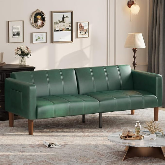 GarveeHome Futon Sofa Bed 75-Inch Modern Faux Leather Convertible Couch Mid-Century Loveseat for Small Space Living Room Bedroom Green