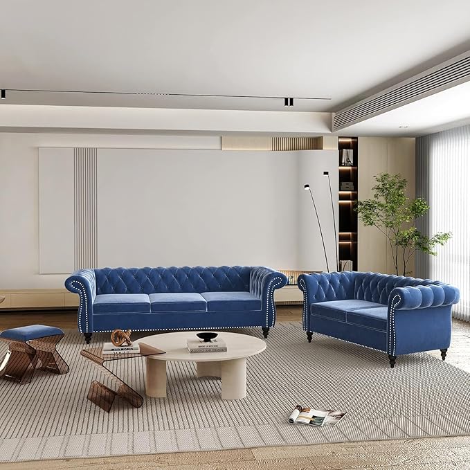 Chesterfield 3 Seater Sofa Modern Velvet Tufted Couch 3 Seater with Rolled Arms and Nailhead Mid-Century Upholstered Couch for Living Room Bedroom Apartment and Office Blue
