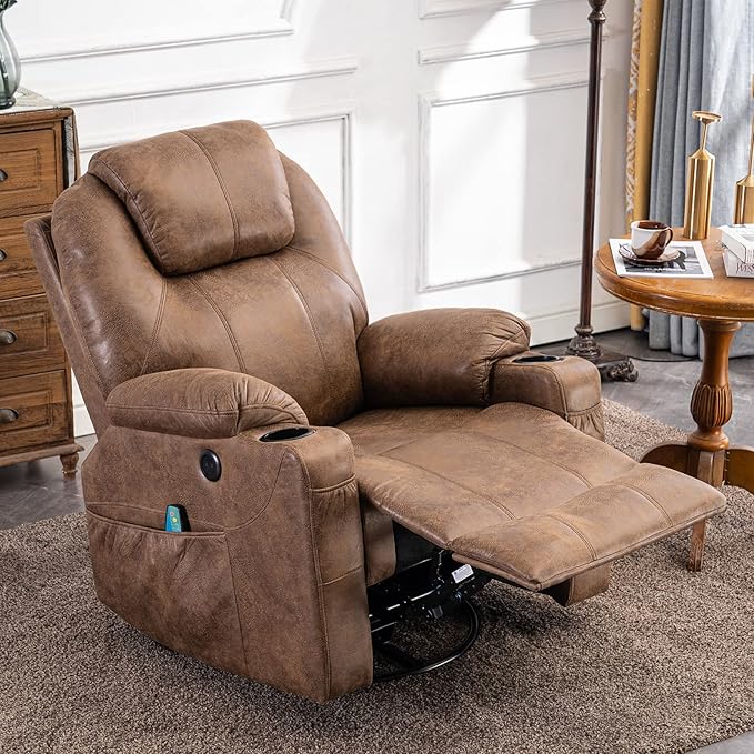 Manual Swivel Glider Rocker Recliner Chair with Heated Massage Ergonomic Lounge 360 Degree Swivel Sofa Seat with 2 Cup Holders Side Pockets &amp USB Ports for Living Room Brown