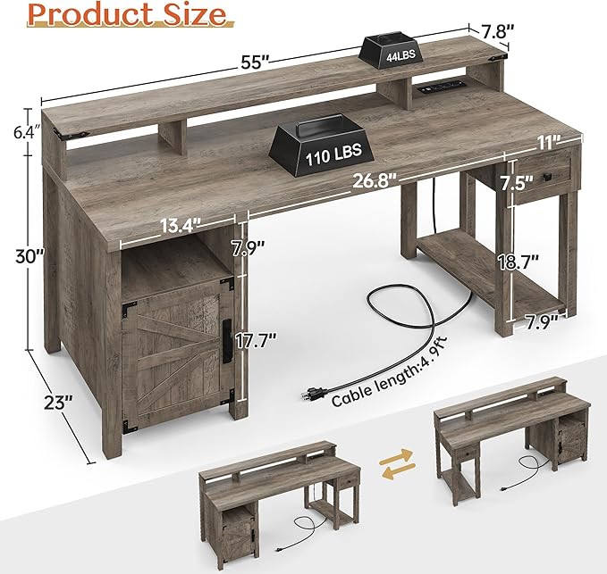 EnHomee Computer Desk with Drawers23 D Home Office Desk with StorageWooden Desk with Monitor StandFarmhouse Desk with Printer Space and Power Outlets for StudioWork StudyWriting&ampGaming