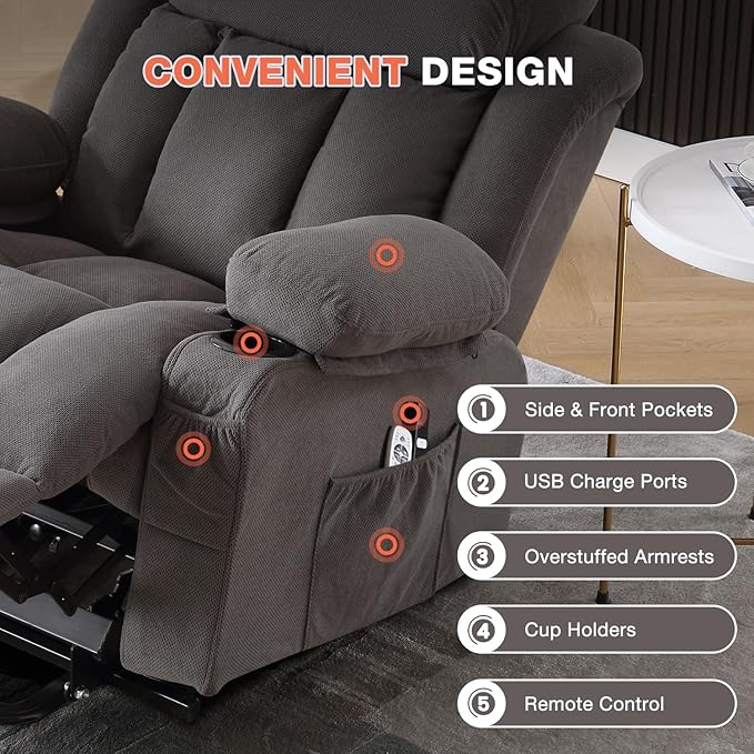 Power Lift Recliner Chair for Elderly with Vibration Massage and Lumbar Heating Electric Lift Recliner Single Sofa with Side Pocket Two Cup Holders and USB Charge Port for Living Room