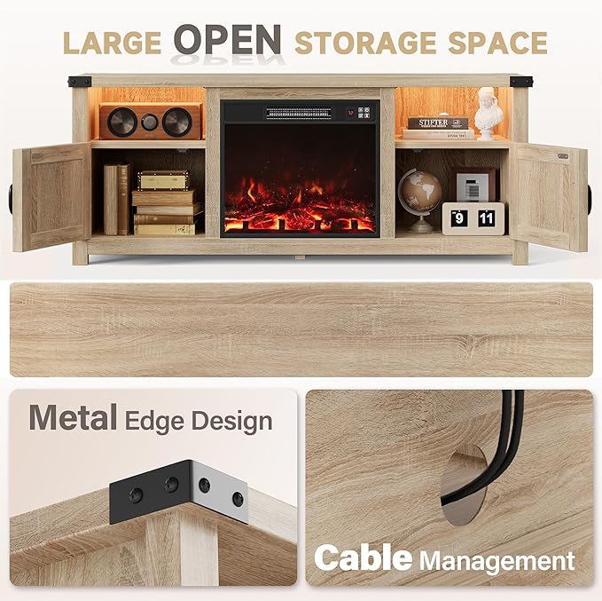 Furmax LED Entertainment Center with Fireplace Fireplace TV Stand with Storage Cabinets and 2 Open Shelves Modern Media TV Console for Living Room (Light Oak)